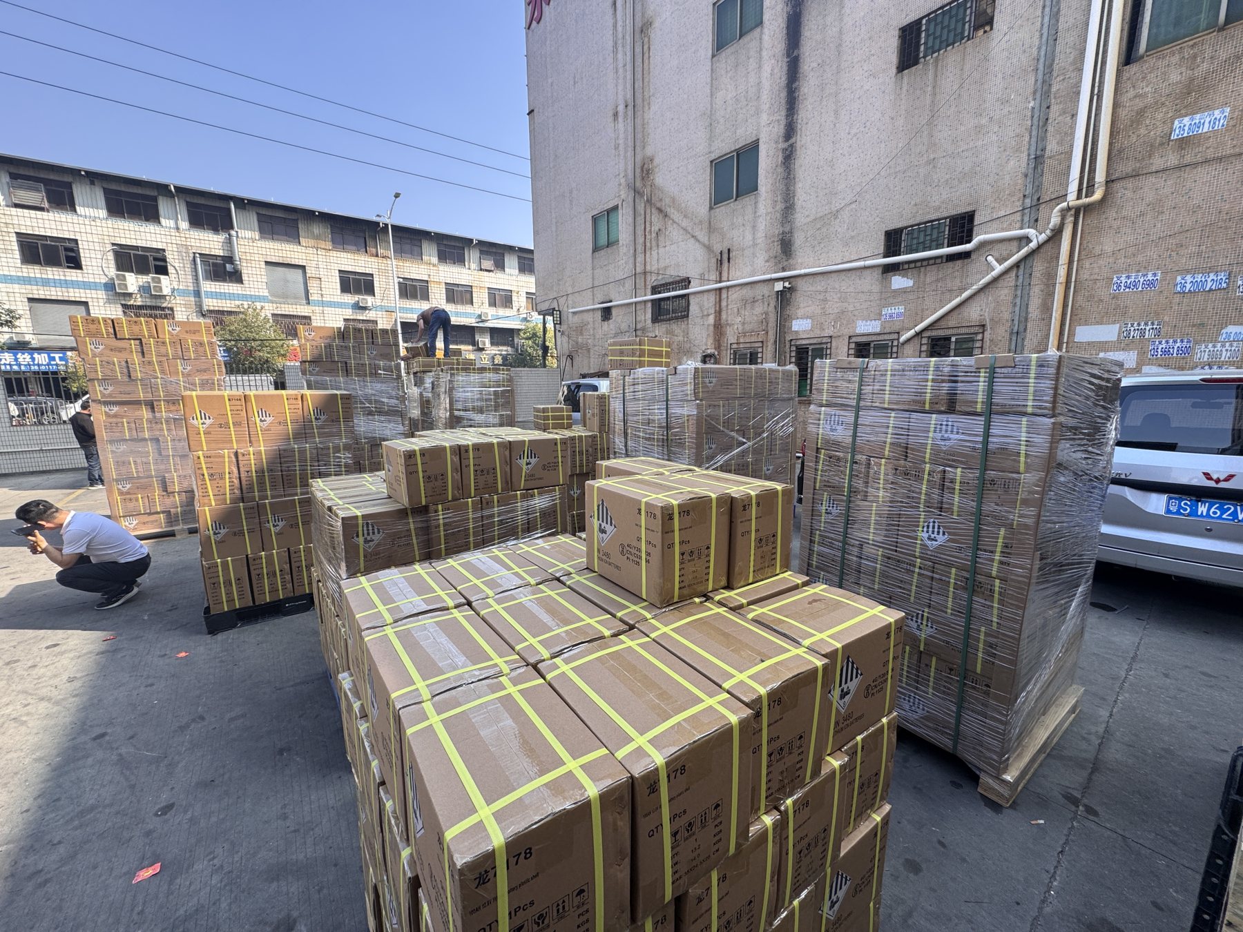 Battery products prepared for shipment at a manufacturing facility